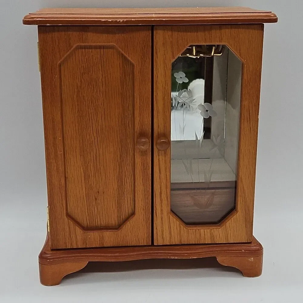Vtg Wood Jewelry Box Armoire Chest Etched Floral Glass Door Light Oak 11